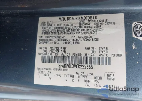 2012 Ford Fusion Hybrid z USA, uszkodzony, nr VIN 3FADP0L39CR222565